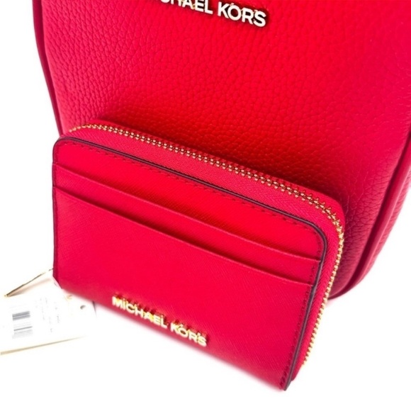 Michael Kors Medium NS Chain Xbody Bag & Jet Set Travel Medium ZA Card Case Red - Picture 10 of 12